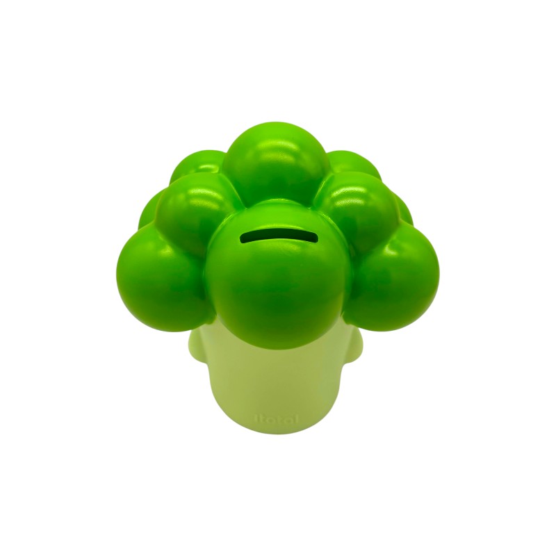 Salvadanaio broccolo I-Total Piggy Bank "Benny Broccoli" — PVC morbido kawaii, verde brillante, faccina sorridente. Regalo originale per bambini.