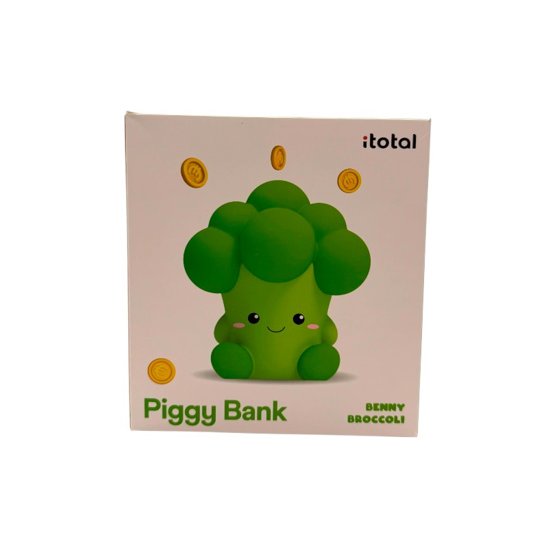 Salvadanaio broccolo I-Total Piggy Bank "Benny Broccoli" — PVC morbido kawaii, verde brillante, faccina sorridente. Regalo originale per bambini.