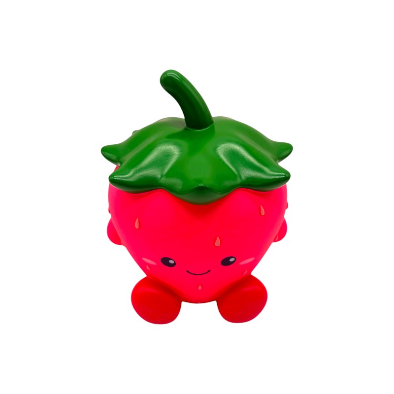 Salvadanaio fragola I-Total Piggy Bank — PVC morbido kawaii, rosso brillante, semini in rilievo, faccina sorridente. Regalo originale per bambine. 