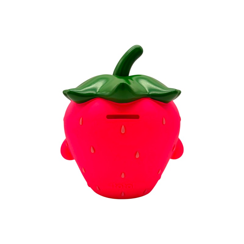 Salvadanaio fragola I-Total Piggy Bank — PVC morbido kawaii, rosso brillante, semini in rilievo, faccina sorridente. Regalo originale per bambine. 