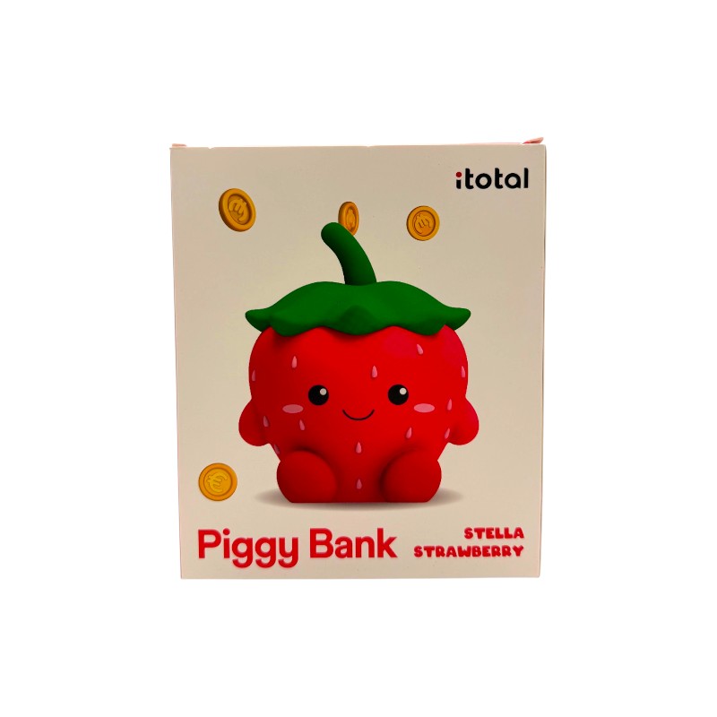 Salvadanaio fragola I-Total Piggy Bank — PVC morbido kawaii, rosso brillante, semini in rilievo, faccina sorridente. Regalo originale per bambine. 