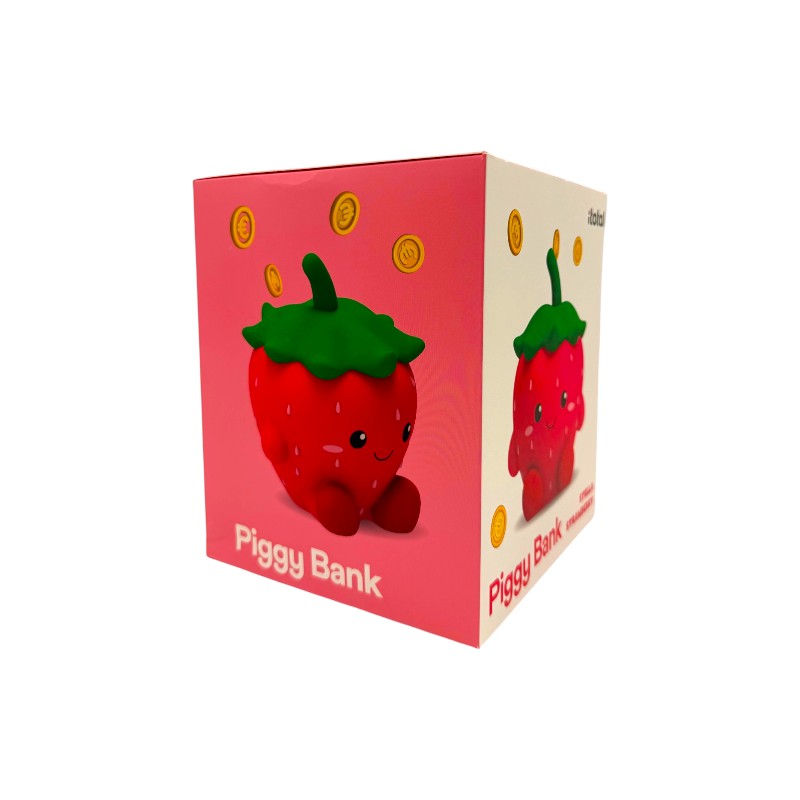 Salvadanaio fragola I-Total Piggy Bank — PVC morbido kawaii, rosso brillante, semini in rilievo, faccina sorridente. Regalo originale per bambine. 