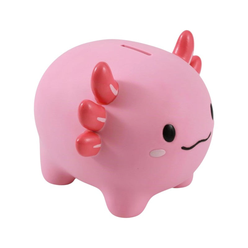 Salvadanaio iTotal Axolotl in PVC: design kawaii rosa con branchie rosse, resistente e colorato. Idea regalo originale! Scoprilo ora 