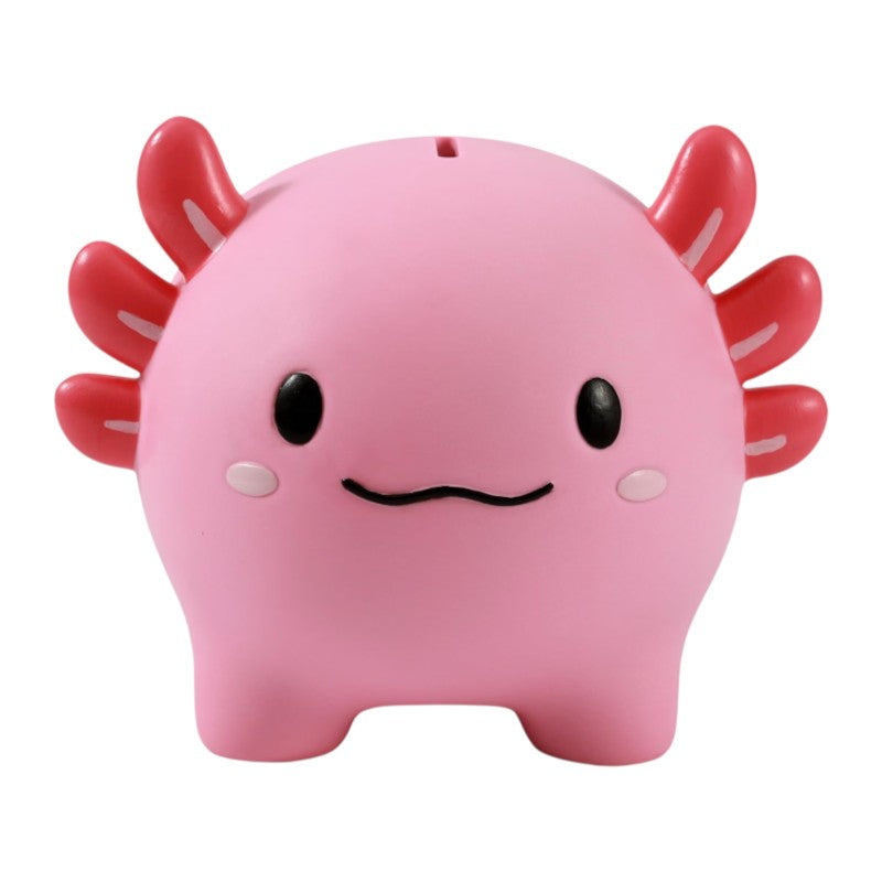 Salvadanaio iTotal Axolotl in PVC: design kawaii rosa con branchie rosse, resistente e colorato. Idea regalo originale! Scoprilo ora 