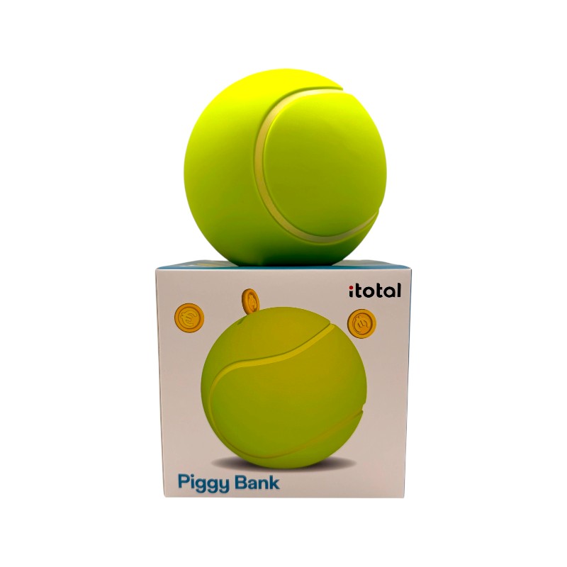 Salvadanaio pallina da tennis I-Total — maxi 3D in PVC, chiusura sul fondo, 300g. Regalo originale per bambini e appassionati di tennis.