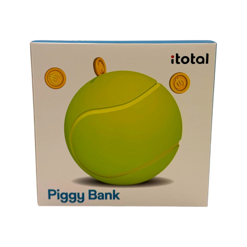 Salvadanaio pallina da tennis I-Total — maxi 3D in PVC, chiusura sul fondo, 300g. Regalo originale per bambini e appassionati di tennis.