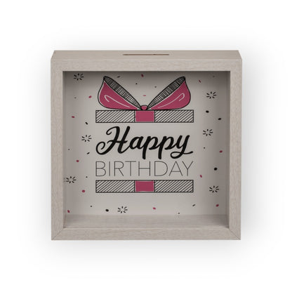 Salvadanaio in legno 20x20cm. Design rosa con la scritta Happy Birthday e fiocco rosa