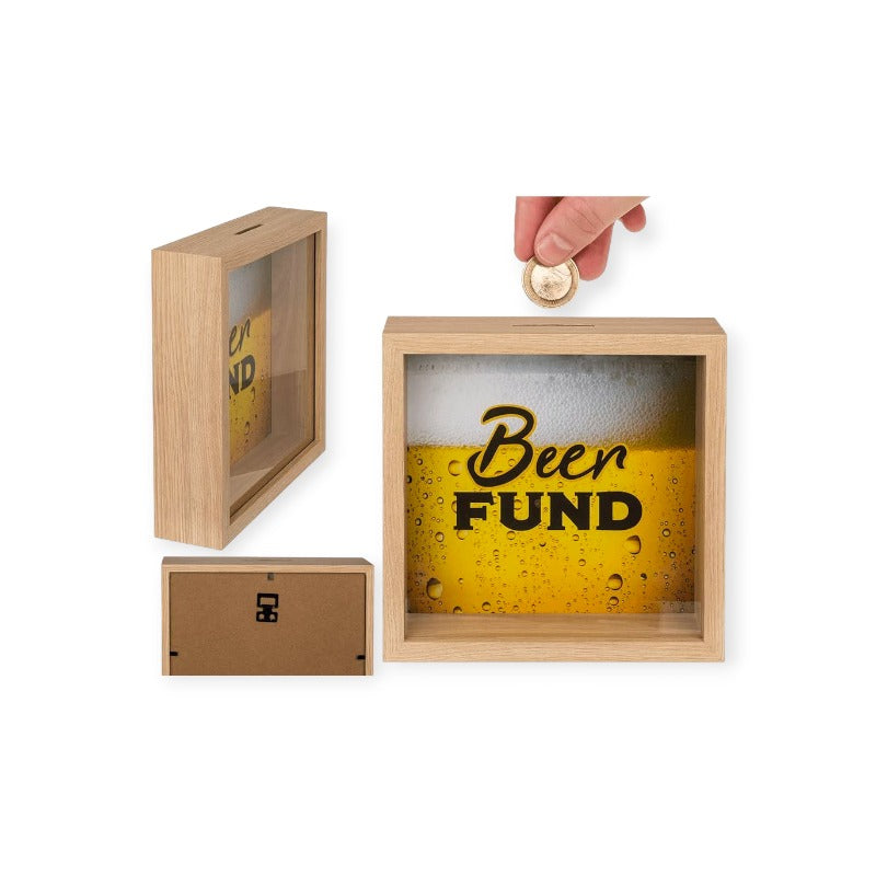 Salvadanaio porta risparmi in legno 20x20cm con sfondo "Beer Fund" Birra