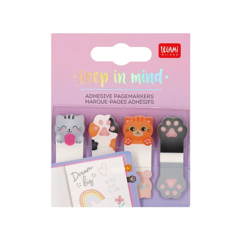 Segnapagina adesivi Legami Keep in Mind gattino — 4 pz kawaii riposizionabili, soggetti gatto e zampa. Regalo originale per libri e agende.