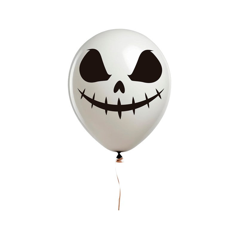 Palloncini Halloween bianchi con faccia di teschio dal sorriso cucito: decorazione spettrale per feste e party a tema. Scoprili su Viano Shop!