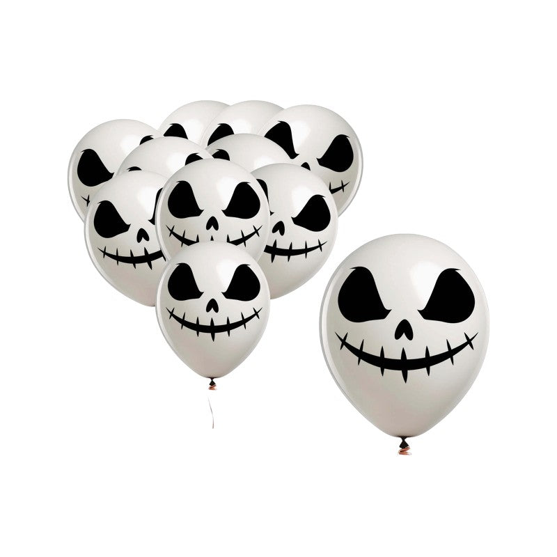 Palloncini Halloween bianchi con faccia di teschio dal sorriso cucito: decorazione spettrale per feste e party a tema. Scoprili su Viano Shop!