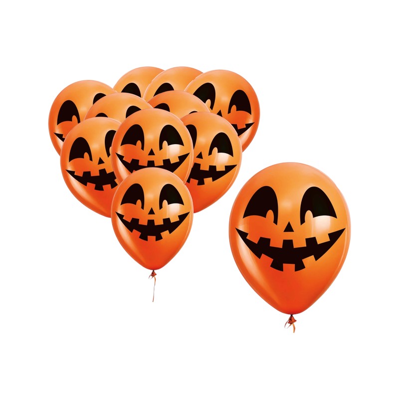 Palloncini Halloween arancioni con faccia di zucca sorridente: decorazione allegra per feste, compleanni e party a tema. Scoprili su Viano Shop!