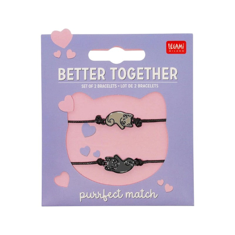 Set 2 braccialetti Legami Purrfect Match gatto: charm gattini beige e nero, cordino regolabile nero. Idea regalo amicizia! Scoprilo ora 