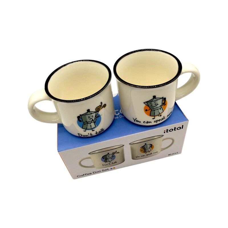 set 2 tazzine da caffè espresso in ceramica a tema caffettiere