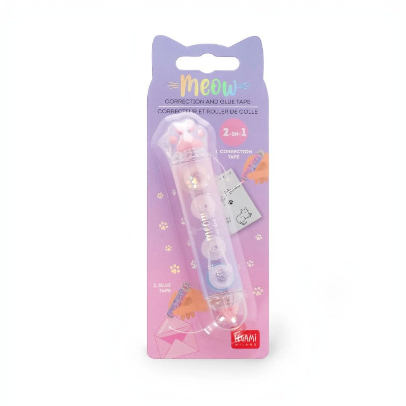 Set 2in1 Legami Meow: correttore a nastro e colla stick a tema gatto in un unico strumento pratico per scuola e ufficio. Scoprilo ora!