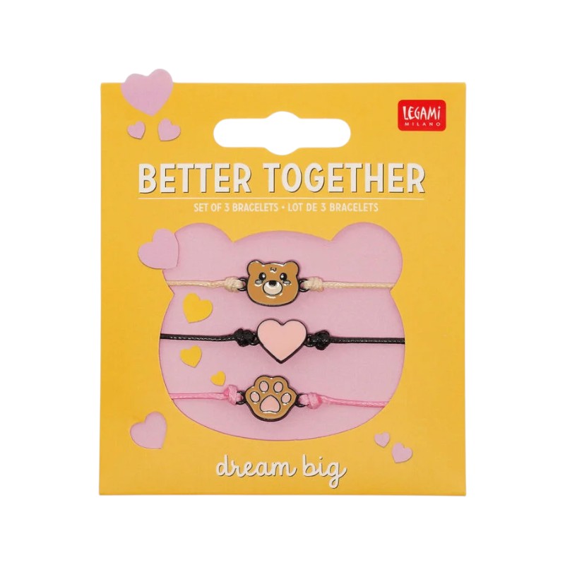 Set 3 braccialetti Legami Better Together Orsetti con orsetto, cuore e zampetta: bracciali kawaii dell'amicizia da condividere. Su Viano Shop!