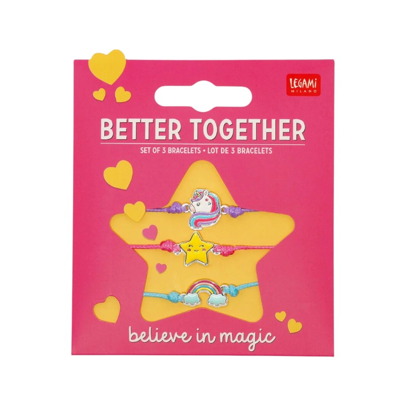 Set 3 braccialetti Legami Believe in Magic: charm unicorno, stella, arcobaleno, cordini colorati. Idea regalo amicizia magica! Scoprilo