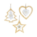 Bellissimo set composto da tre decorazioni natalizie in legno a forma di albero di Natale, stella e cuore.