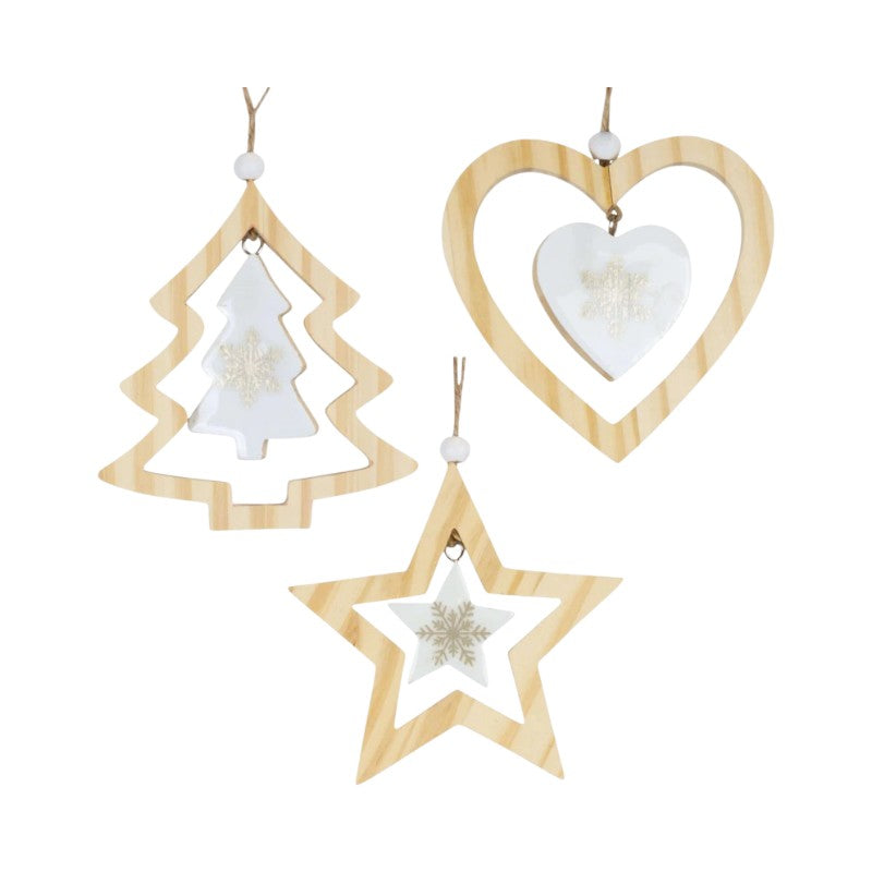 Bellissimo set composto da tre decorazioni natalizie in legno a forma di albero di Natale, stella e cuore.