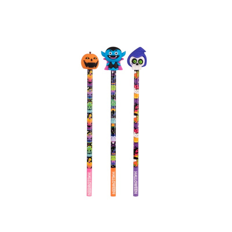 Set 3 matite HB Halloween Colourbook Spooky Scribble con personaggi 3D: zucca, vampiro e teschio kawaii per la scuola. Scoprile su Viano Shop!
