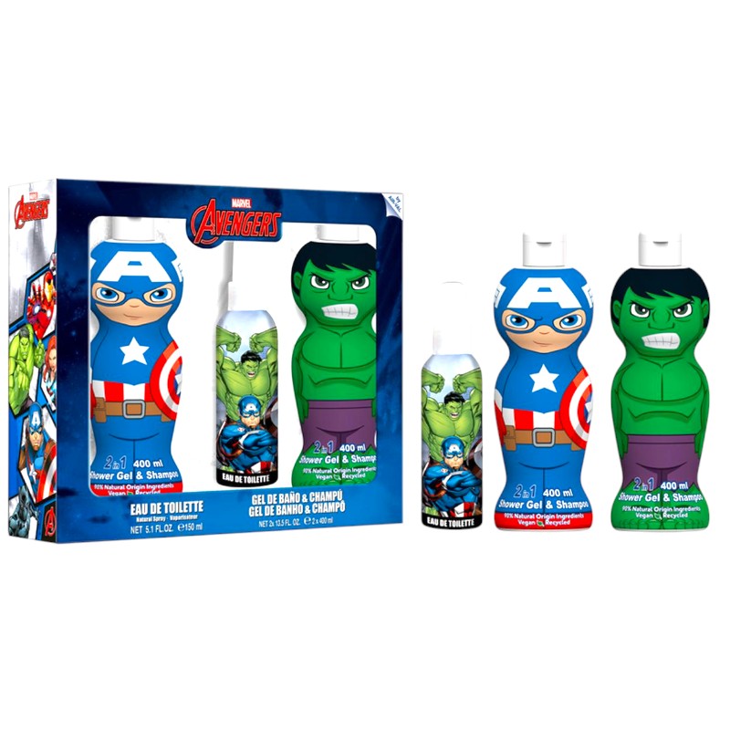 Bellissimo set doccia per bambini composto da Docciaschiuma, Shampoo e Profumo a tema Avengers.