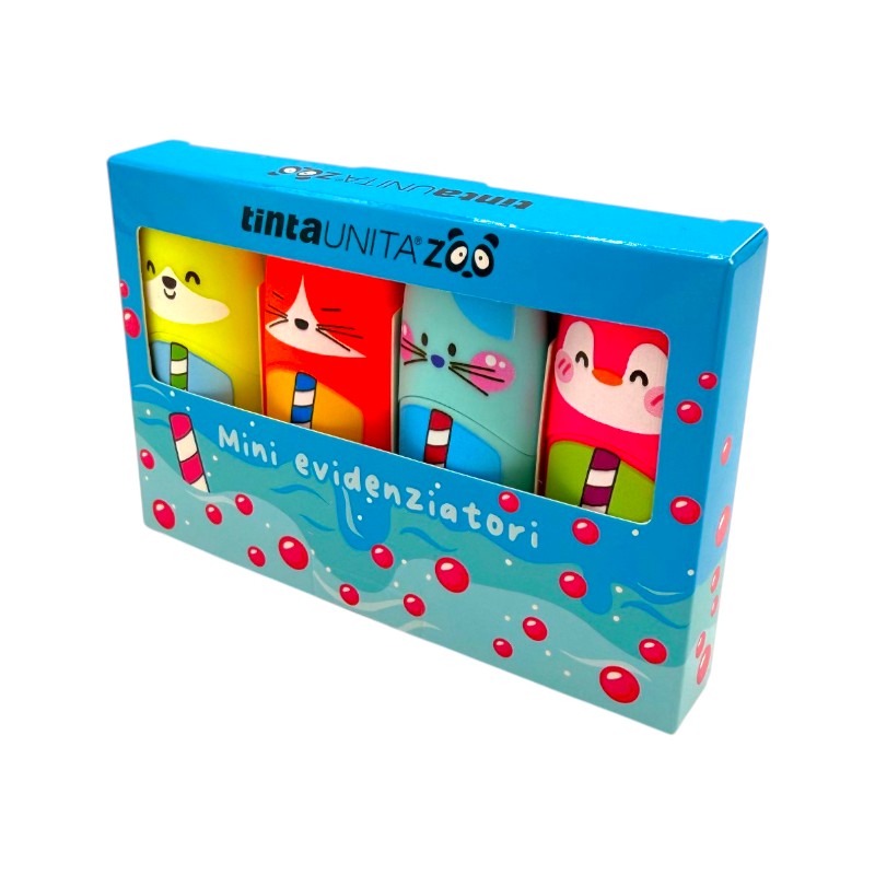 Scatola mini evidenziatori 4pz tinta unita limited edition bubble tea, colori arancione, giallo, rosa e azzurro