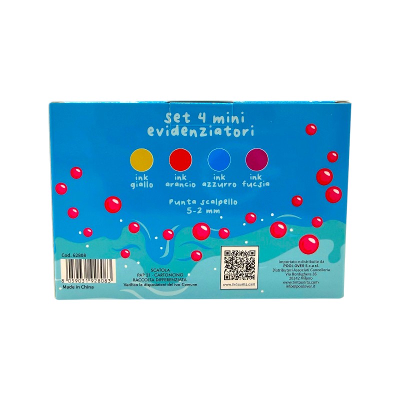 Scatola mini evidenziatori 4pz tinta unita limited edition bubble tea, colori arancione, giallo, rosa e azzurro