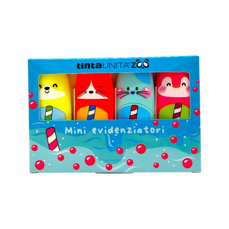 Scatola mini evidenziatori 4pz tinta unita limited edition bubble tea, colori arancione, giallo, rosa e azzurro