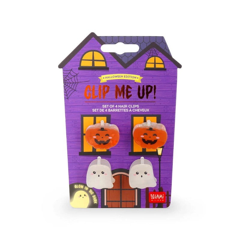 Set 4 clip capelli Legami Clip Me Up Halloween: 2 zucche + 2 fantasmini glow in the dark, chiusura a scatto. Edizione limitata! Scoprile