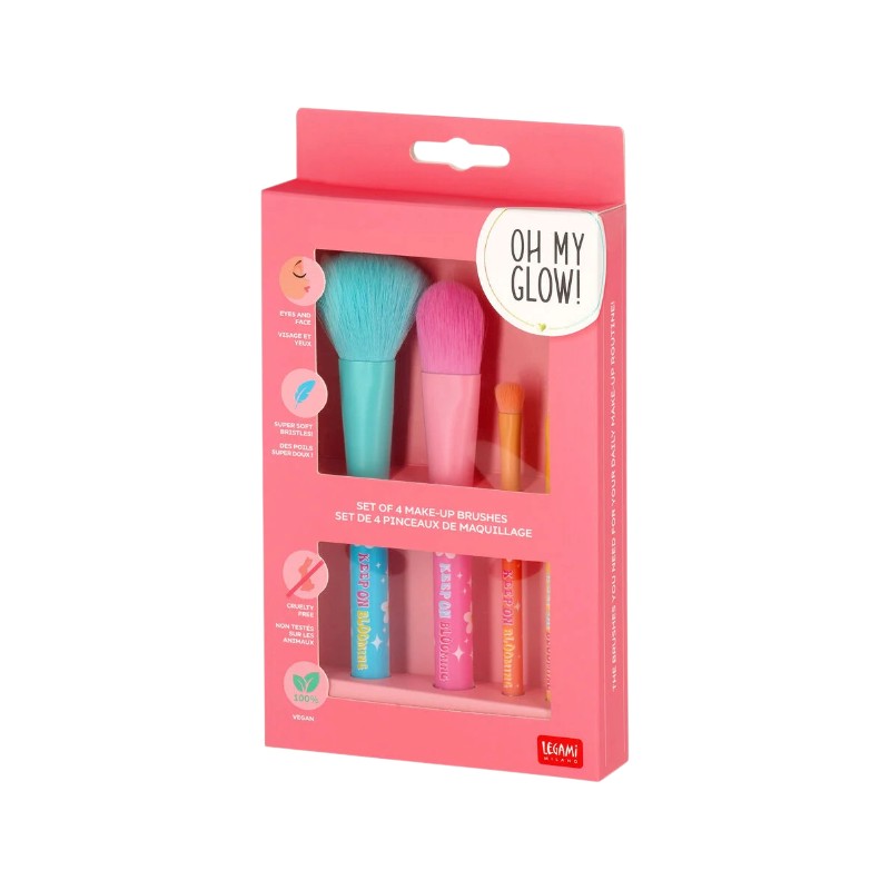 Set 4 pennelli trucco Legami Oh My Glow per viso e occhi: setole super morbide, vegan e cruelty free. Scoprili su Viano Shop!