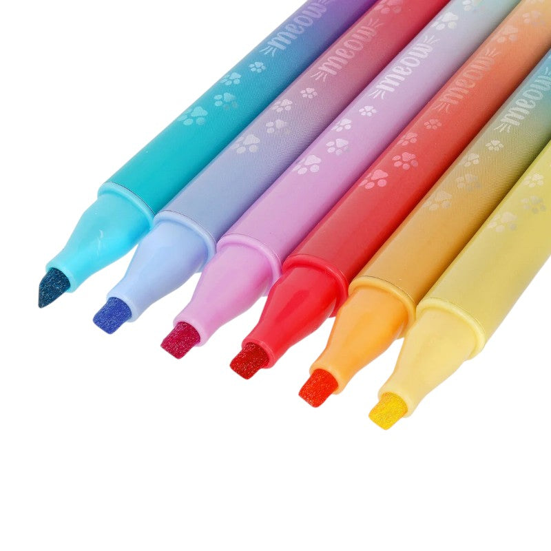 Set 6 pennarelli doppia punta Legami Meow — base glitter + top colore sovrascrivibile, inchiostro acqua, impugnatura triangolare. Regalo creativo kawaii