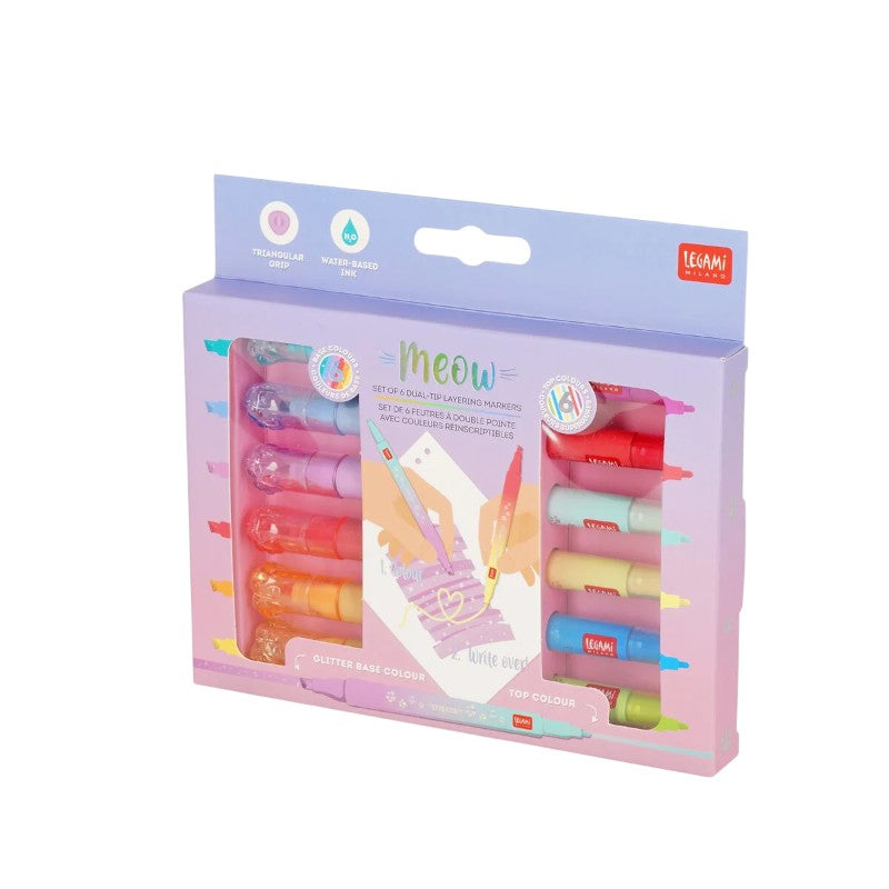 Set 6 pennarelli doppia punta Legami Meow — base glitter + top colore sovrascrivibile, inchiostro acqua, impugnatura triangolare. Regalo creativo kawaii