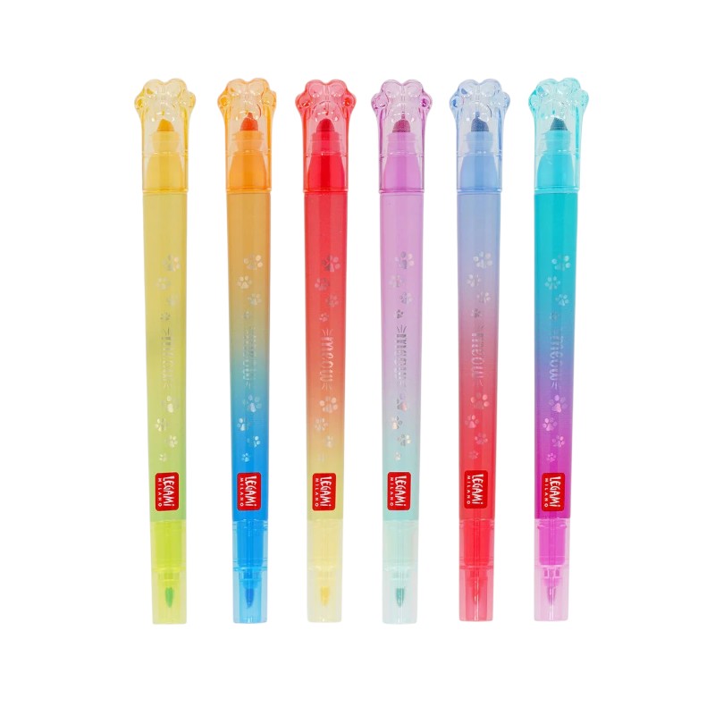 Set 6 pennarelli doppia punta Legami Meow — base glitter + top colore sovrascrivibile, inchiostro acqua, impugnatura triangolare. Regalo creativo kawaii