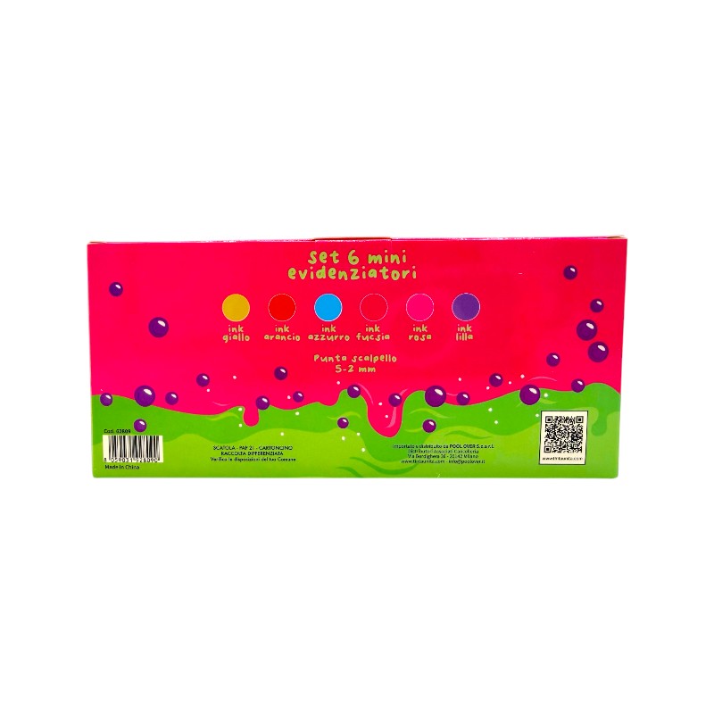 scatola 6 mini evidenziatori tinta unita limited edition bubble tea, colori arancione giallo azzurro rosa lilla e viola