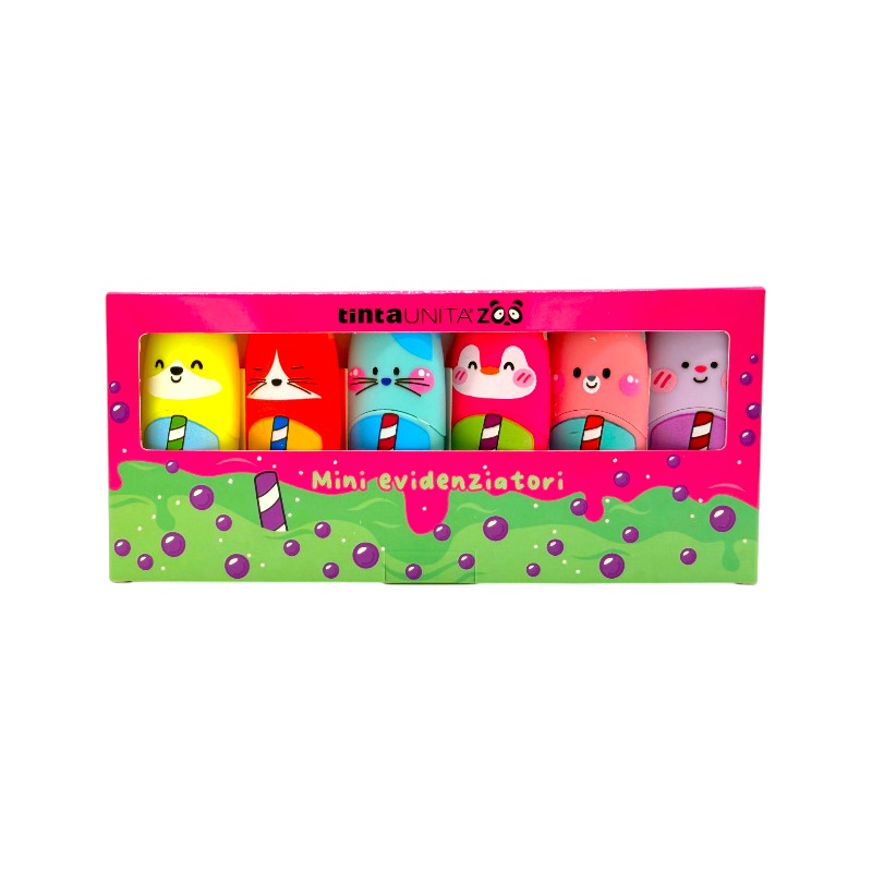 scatola 6 mini evidenziatori tinta unita limited edition bubble tea, colori arancione giallo azzurro rosa lilla e viola
