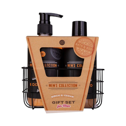 Bellissimo set bagno regalo da uomo composto da un cestino in metallo con all'interno un bagnoschiuma ed uno shampoo da uomo
