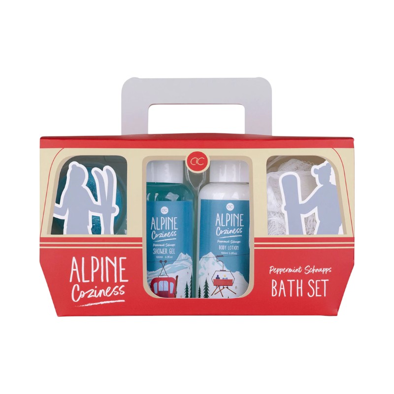 Bellissimo set regalo per la cura del corpo composto un docciaschiuma, una crema corpo, una spugna ed una bomba bagno, tutto a tema sci ed alpi.