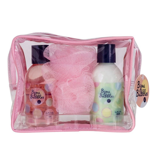 Bellissimo set regalo per la cura del corpo composto da un bagnoschiuma, una crema corpo ed una spugna, all'interno di un fantastico beauty case.