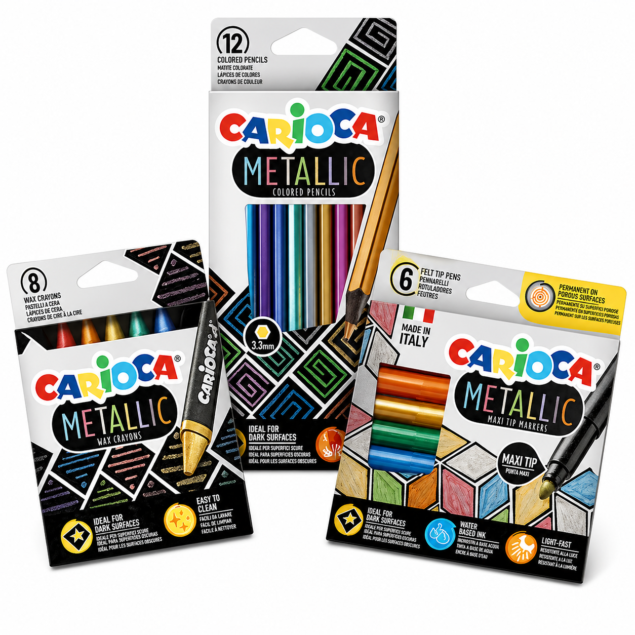 Bundle Carioca Metallic: 12 matite, 8 pastelli a cera e 6 pennarelli Maxi Tip. Kit creativo completo per superfici scure. Il regalo perfetto per artisti!