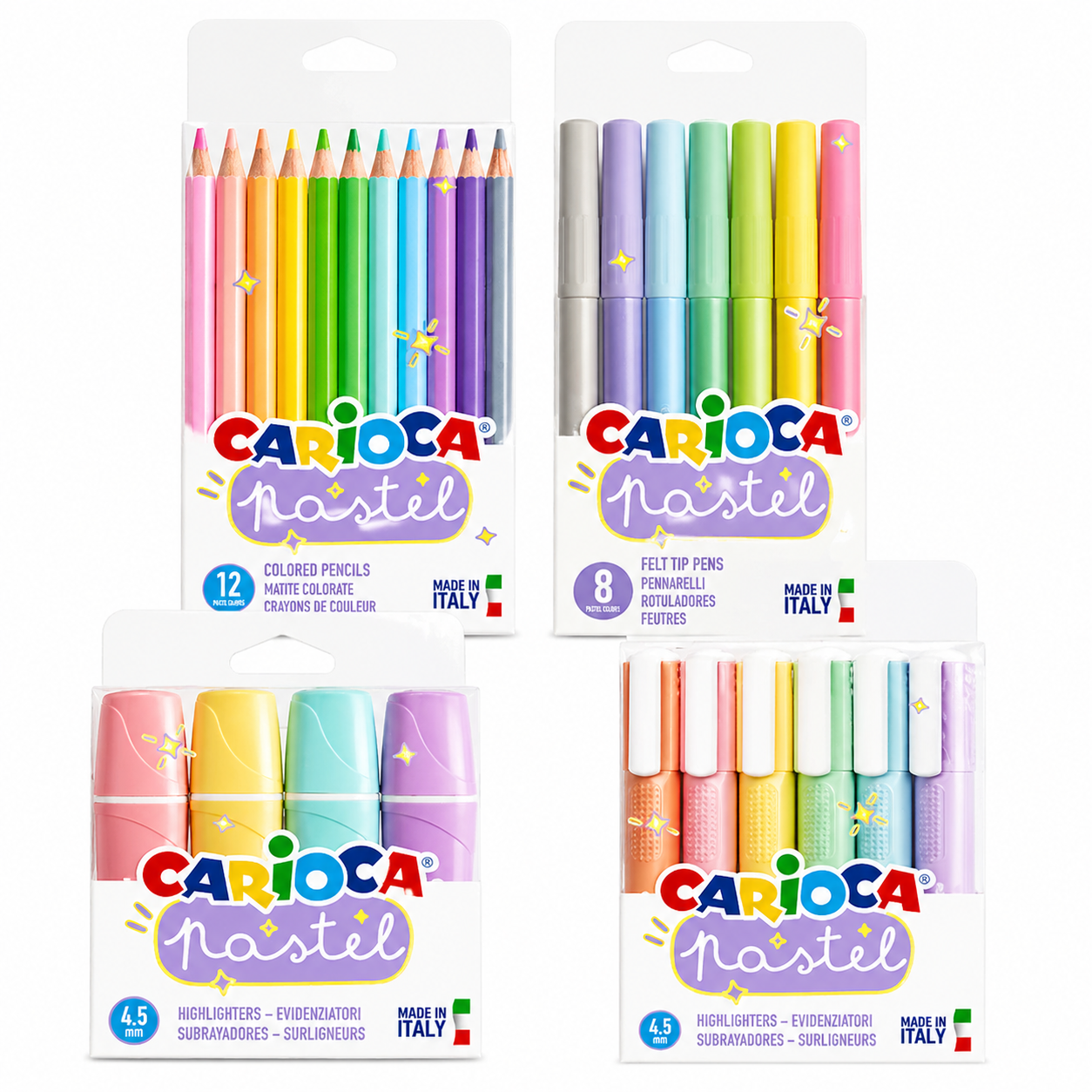 Bundle Carioca Pastel: 12 matite, 8 pennarelli, 6 evidenziatori e 4 mini. Kit completo pastello Made in Italy. Perfetto per studio, journaling e regalo!