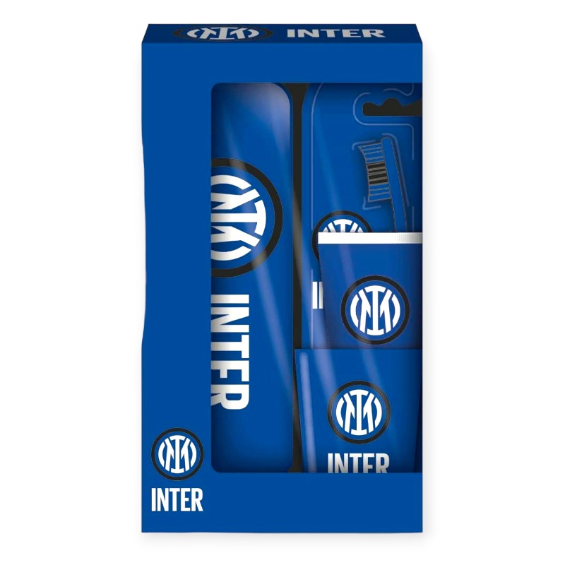 Gift set oral care Inter composto da spazzolino, dentifricio, beauty case e bicchiere di plastica, tutto nerazzurro