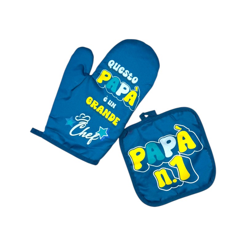 Set regalo per la festa del papà composto da presina e guanto da forno con isolante termico. Blu con la scritta Papà n 1.