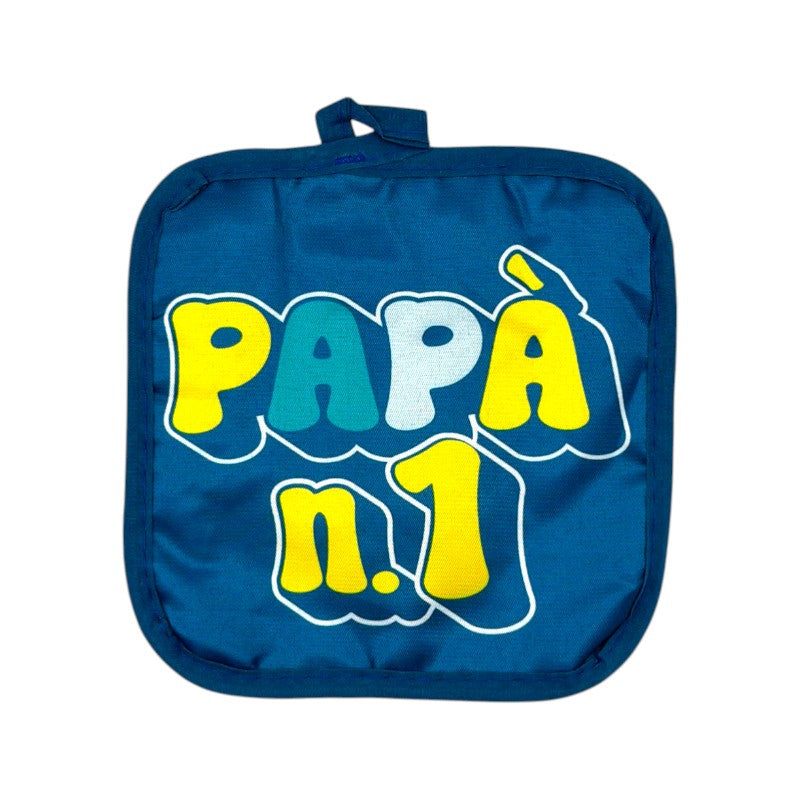 Set regalo per la festa del papà composto da presina e guanto da forno con isolante termico. Blu con la scritta Papà n 1.