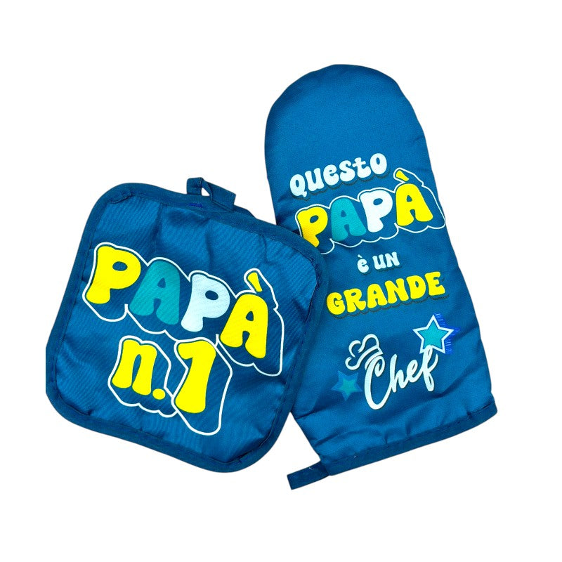 Set regalo per la festa del papà composto da presina e guanto da forno con isolante termico. Blu con la scritta Papà n 1.