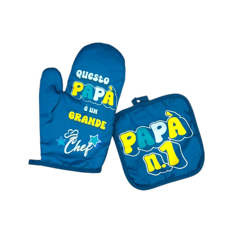 Set regalo per la festa del papà composto da presina e guanto da forno con isolante termico. Blu con la scritta Papà n 1.