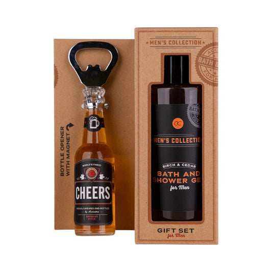 Bellissimo gift set regalo da uomo composto da un bagnoschiuma ed un apribottiglie a tema birra.