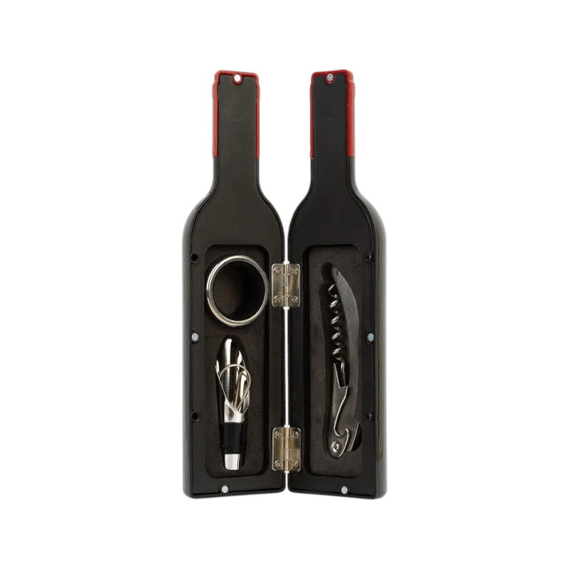 Set regalo vino Legami small a forma di bottiglia con 3 accessori: cavatappi, salvagoccia e tappo versatore. Idea regalo per chi ama il vino su Viano Shop!