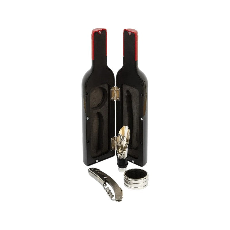 Set regalo vino Legami small a forma di bottiglia con 3 accessori: cavatappi, salvagoccia e tappo versatore. Idea regalo per chi ama il vino su Viano Shop!