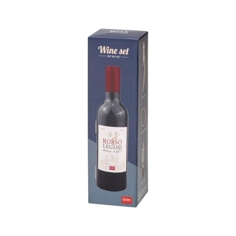 Set regalo vino Legami small a forma di bottiglia con 3 accessori: cavatappi, salvagoccia e tappo versatore. Idea regalo per chi ama il vino su Viano Shop!