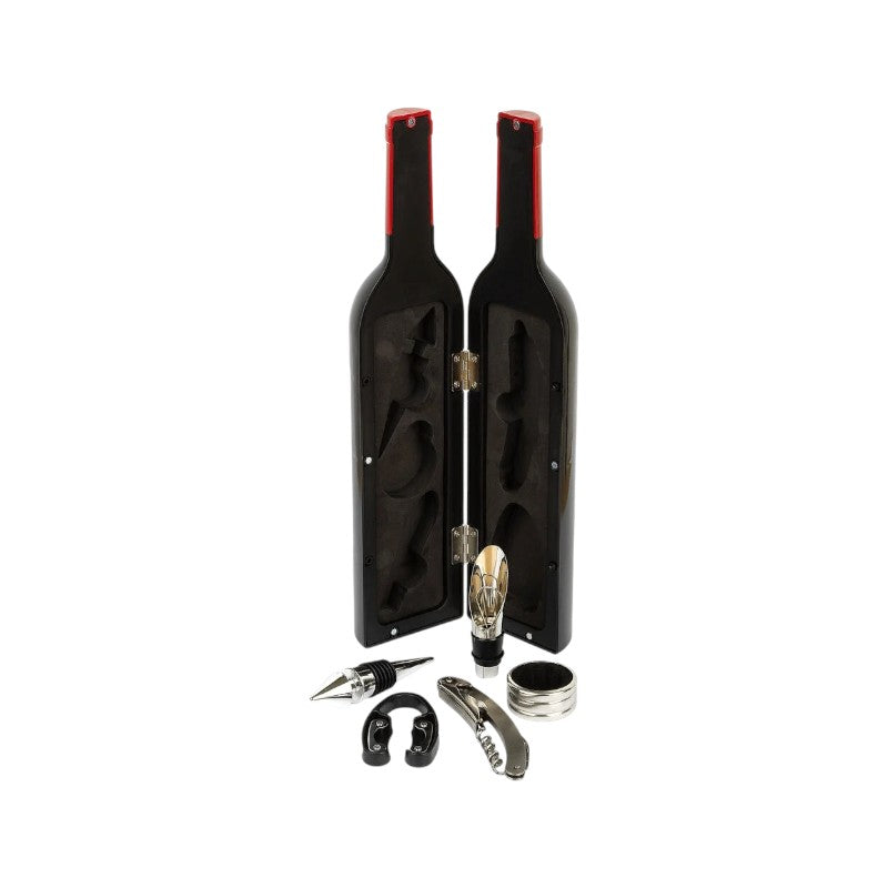 Set regalo sommelier Legami 5 pezzi in custodia a bottiglia: cavatappi, salvagoccia, versatore e altri accessori in acciaio. Idea regalo su Viano Shop!